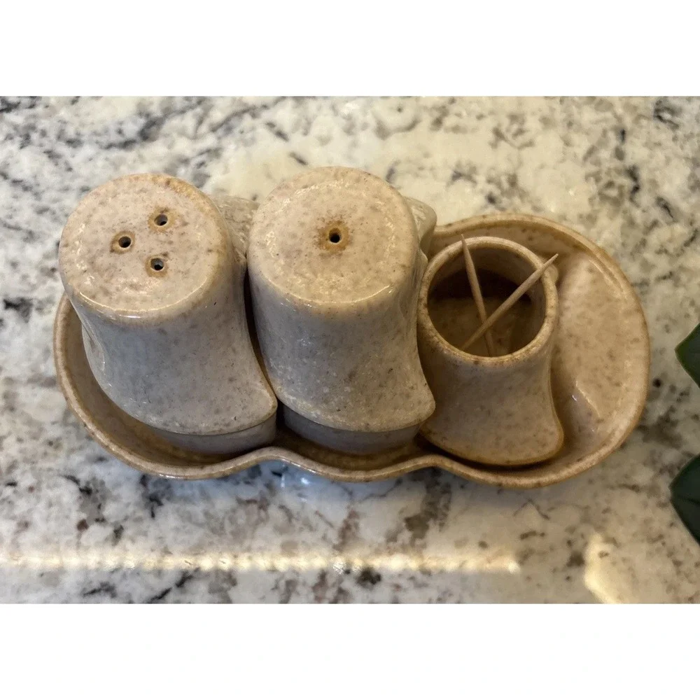 Vintage Israel Salt and Pepper Nurit Pottery Abstract MCM Toothpick Holder Caddy